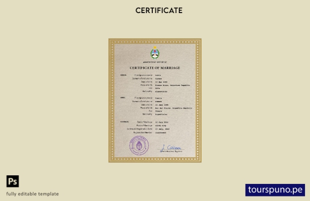 Plantilla PSD de certificado de matrimonio de Argentina lista para imprimir